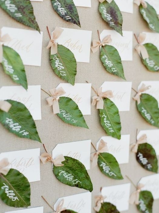 DIY Backyard wedding ideas with greenery leaf escort cards