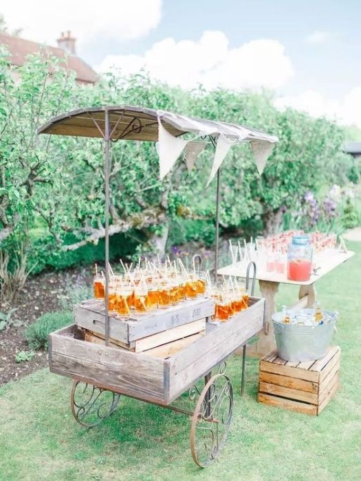 Simple Backyard Wedding Decor Cart With Fruity Drinks