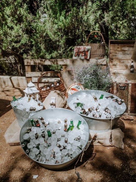 Self-Serve Beverages On Ice On Backyard Wedding Decor