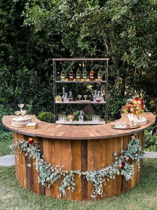 Backyard Wedding Decor with Circle Bar Station Display