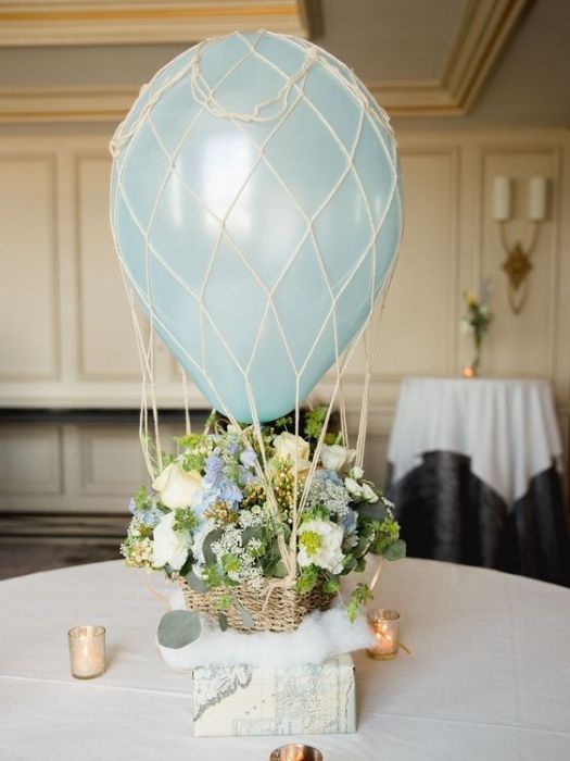 Balloon decorations for a wedding with hot air balloon centerpieces