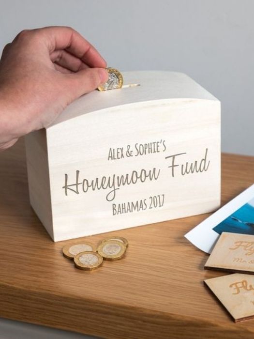 Funny Engagement Presents - Personalized Honeymoon Fund Box