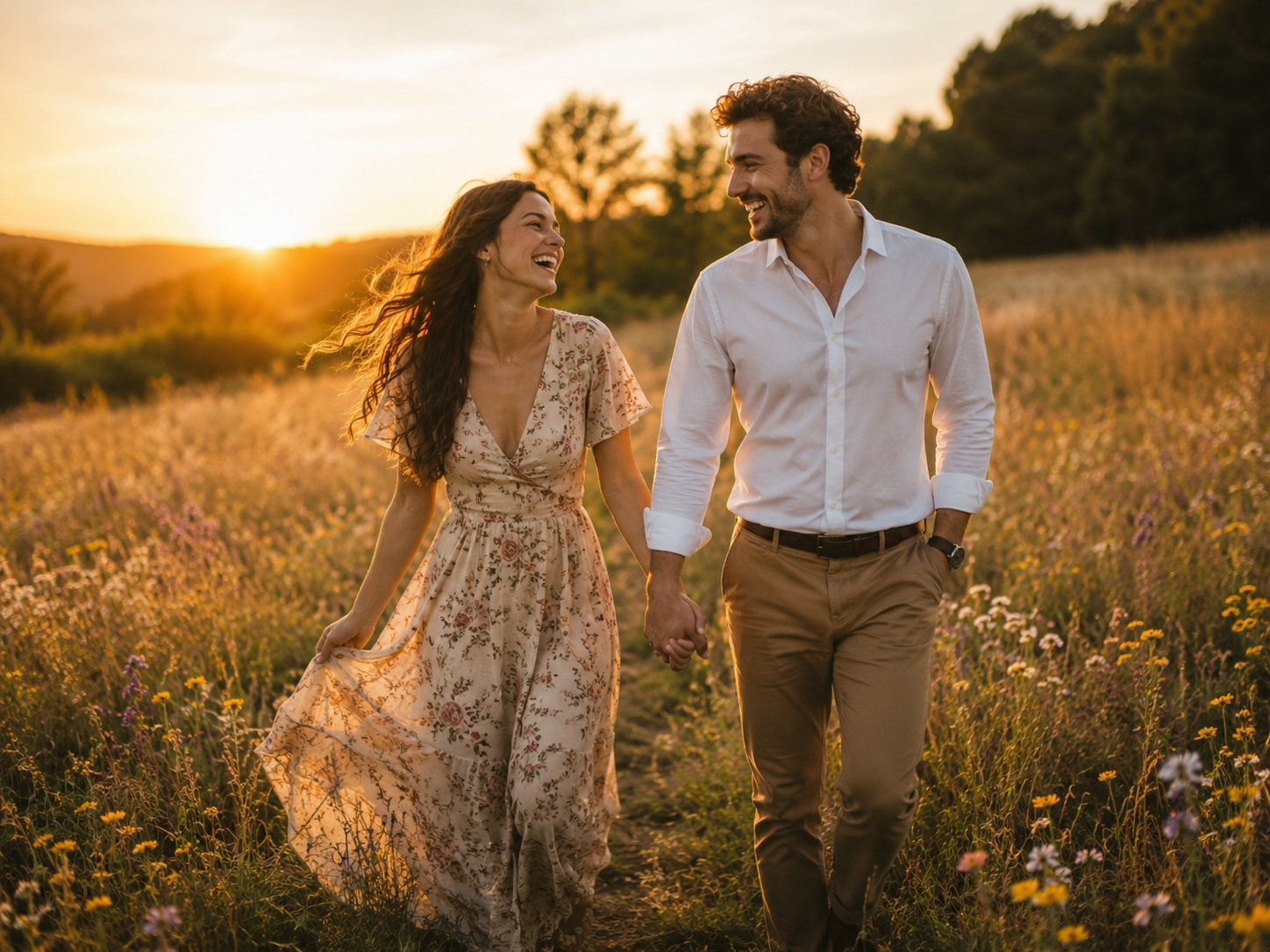Anniversary Photo Shoot Ideas for Every Love Story 8 a man and woman holding hands and walking in a field of flowers