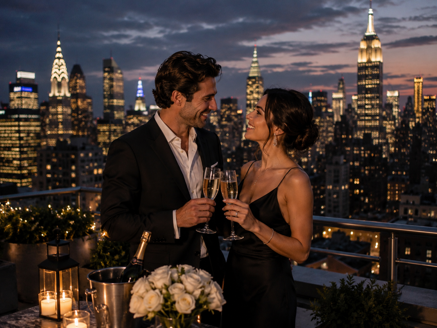 Anniversary Photo Shoot Ideas for Every Love Story 11 a man and woman holding champagne glasses on a rooftop with city skyline in the background