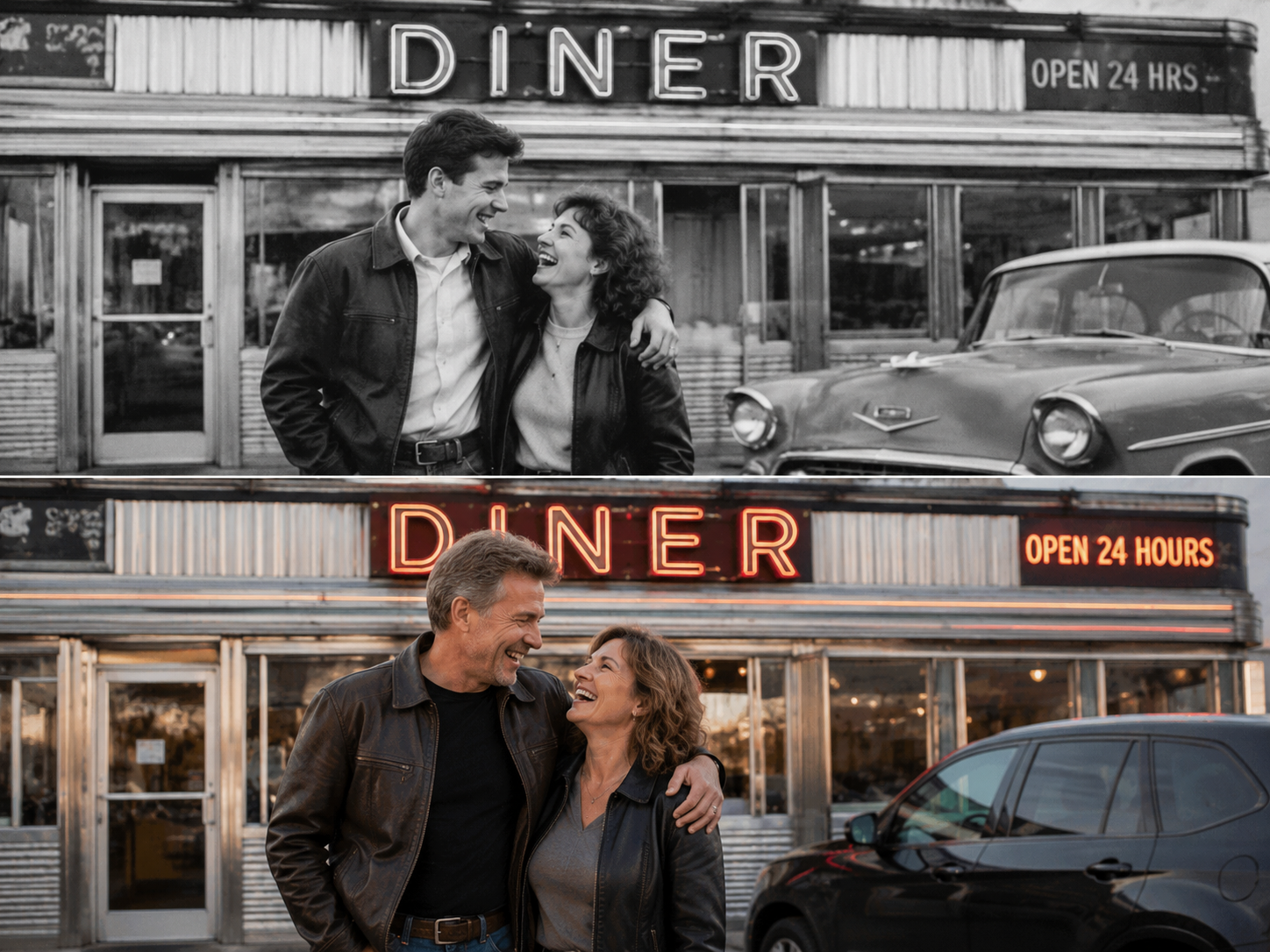 Anniversary Photo Shoot Ideas for Every Love Story 13 a man and woman standing in front of a diner