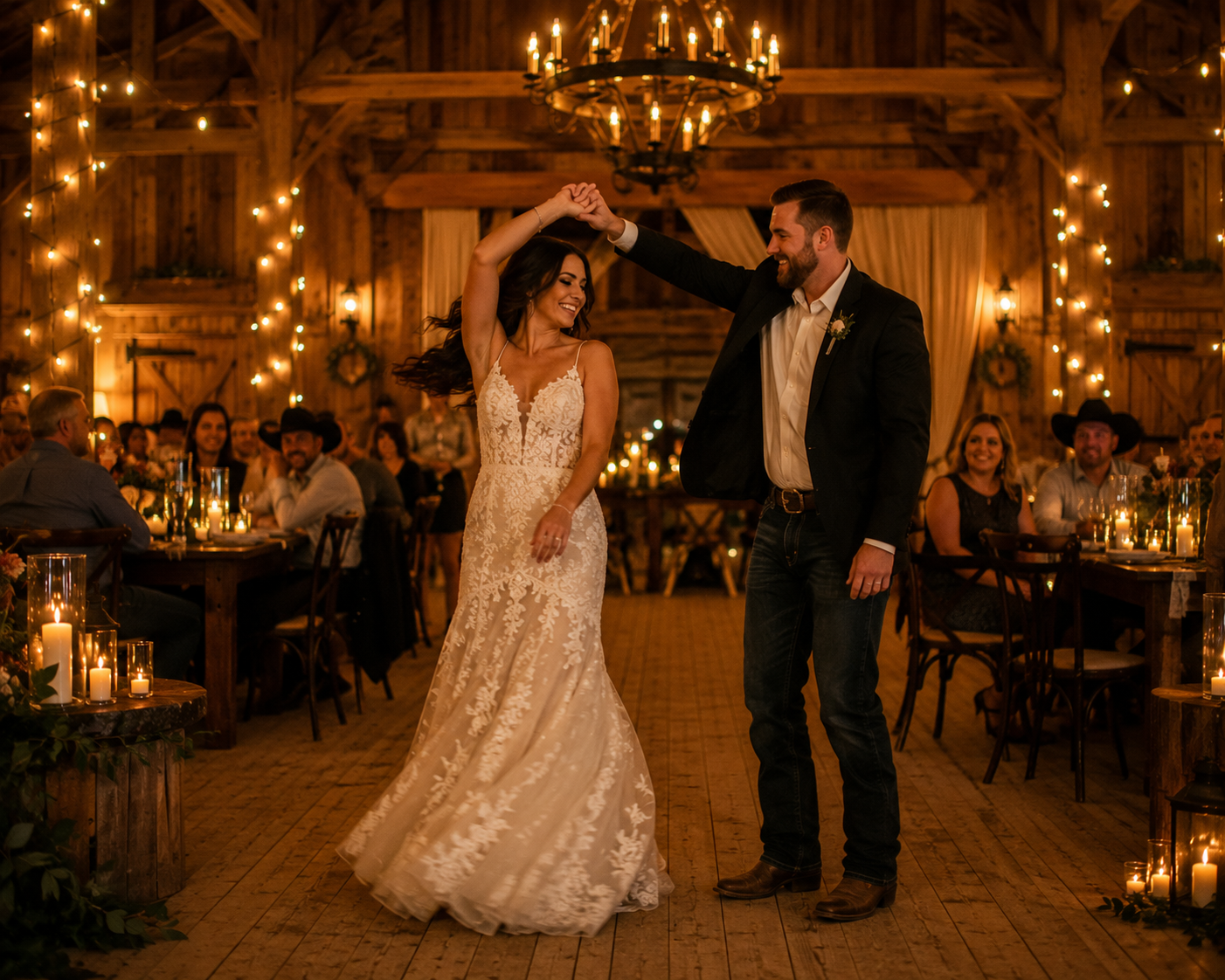 Tips for Posing Naturally on Your Wedding Day 2026 9 Couple sharing a spontaneous dance in a rustic Texas barn, warm candlelight illuminating the scene