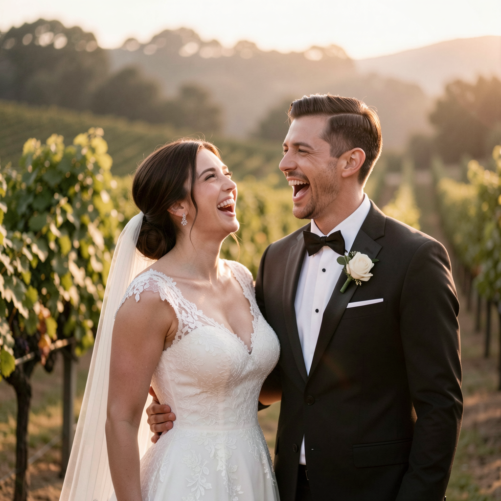 Wedding Photography Trends 2026: 15 Styles Couples Are Loving 18 Bride and groom sharing a spontaneous laugh in a lush Napa Valley vineyard, golden hour lighting