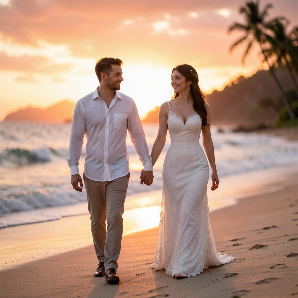 Wedding Photography Trends 2026: 15 Styles Couples Are Loving 19 Couple walking hand in hand on a beach in Hawaii, with a vibrant sunset in the background