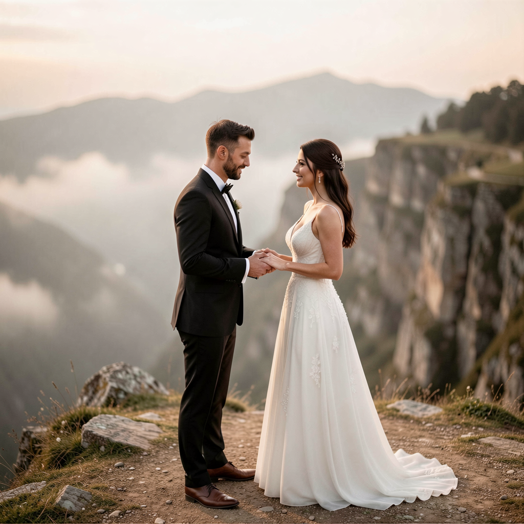 Wedding Photography Trends 2026: 15 Styles Couples Are Loving 20 Eloping couple exchanging vows on a secluded cliffside, misty mountains in the background