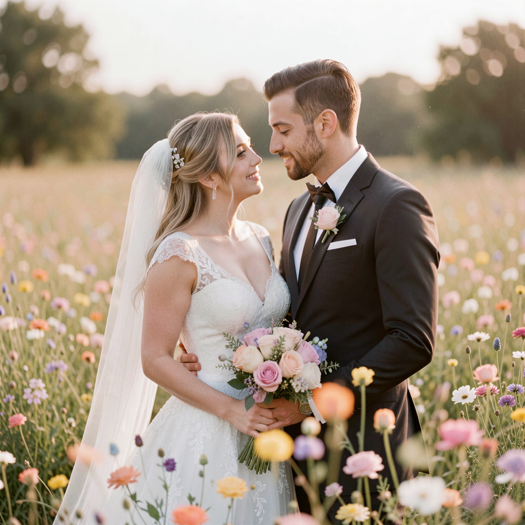 Wedding Photography Trends 2026: 15 Styles Couples Are Loving 23 Bride and groom sharing a tender moment in a field of wildflowers, soft focus and pastel colors