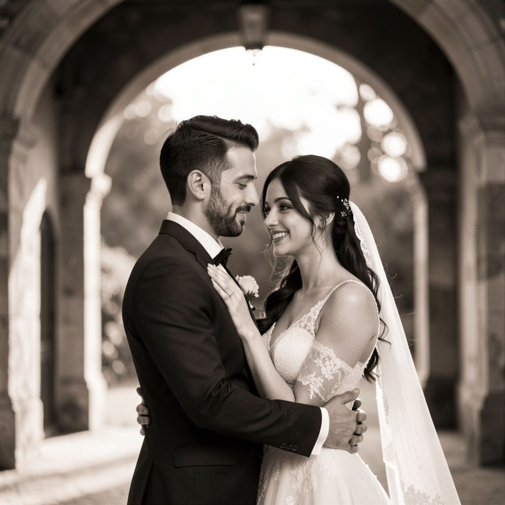 Wedding Photography Trends 2026: 15 Styles Couples Are Loving 24 Black and white photo of a couple embracing under a historic archway, deep shadows and highlights