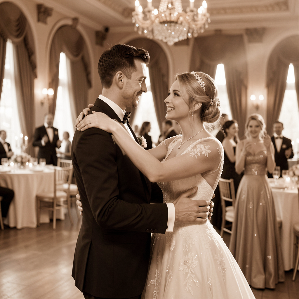 Wedding Photography Trends 2026: 15 Styles Couples Are Loving 26 Sepia-toned image of a couple dancing in a retro-themed ballroom, vintage attire and decor