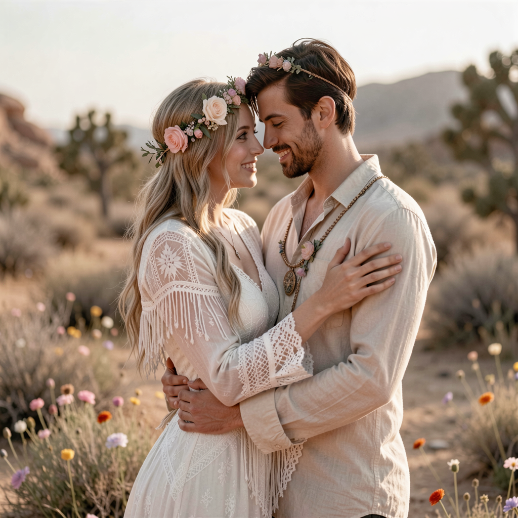 Wedding Photography Trends 2026: 15 Styles Couples Are Loving 28 Couple with bohemian attire sharing a loving embrace in a desert setting, surrounded by wildflowers