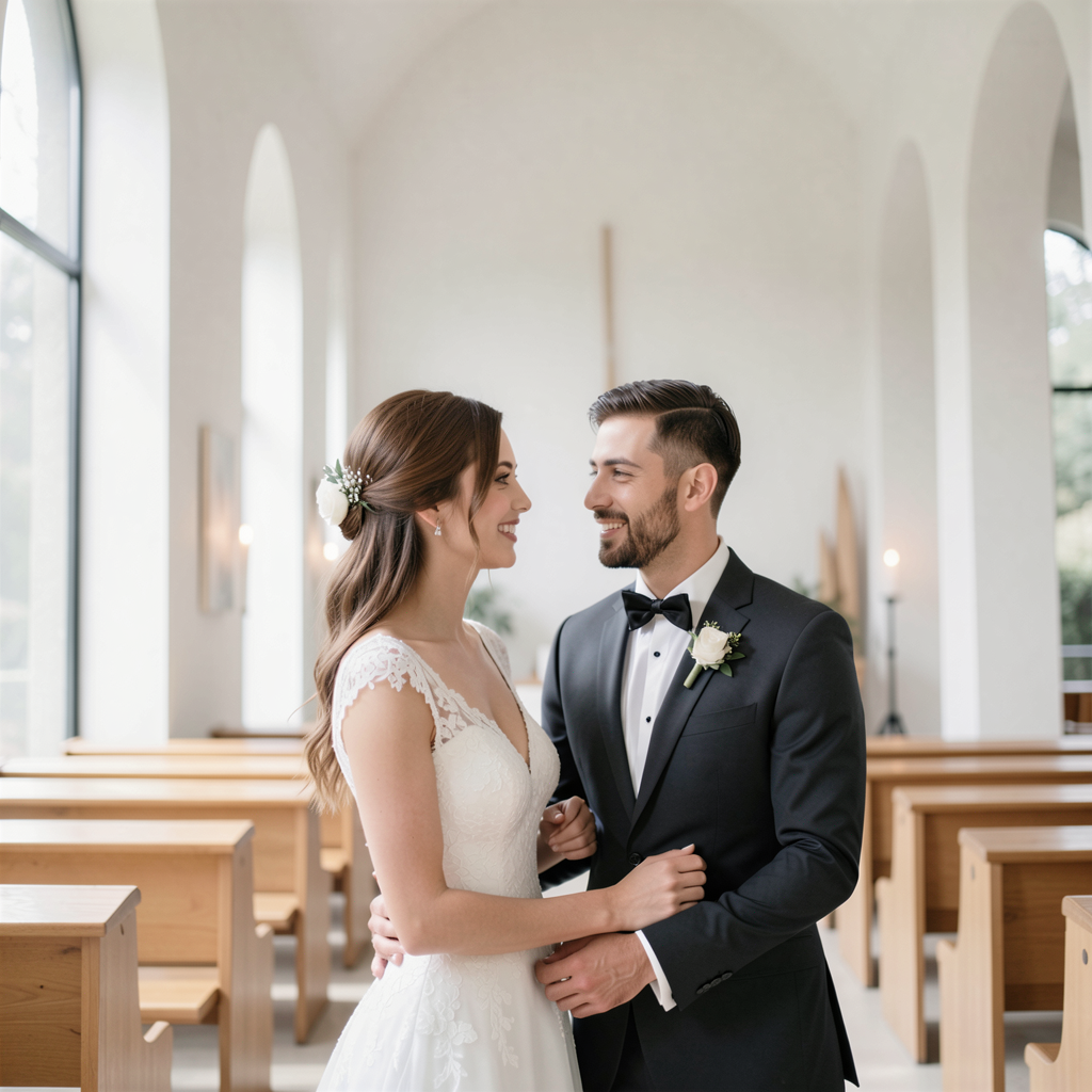 Wedding Photography Trends 2026: 15 Styles Couples Are Loving 29 Minimalist photo of couple in a white-walled modern chapel, soft natural light streaming through