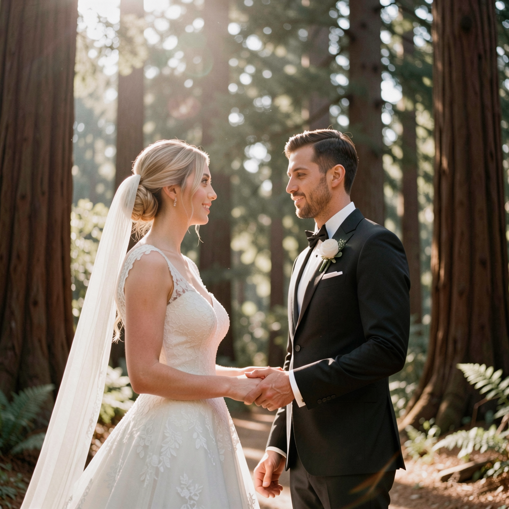 Wedding Photography Trends 2026: 15 Styles Couples Are Loving 31 Bride and groom holding hands in a redwood forest, dappled sunlight filtering through the trees