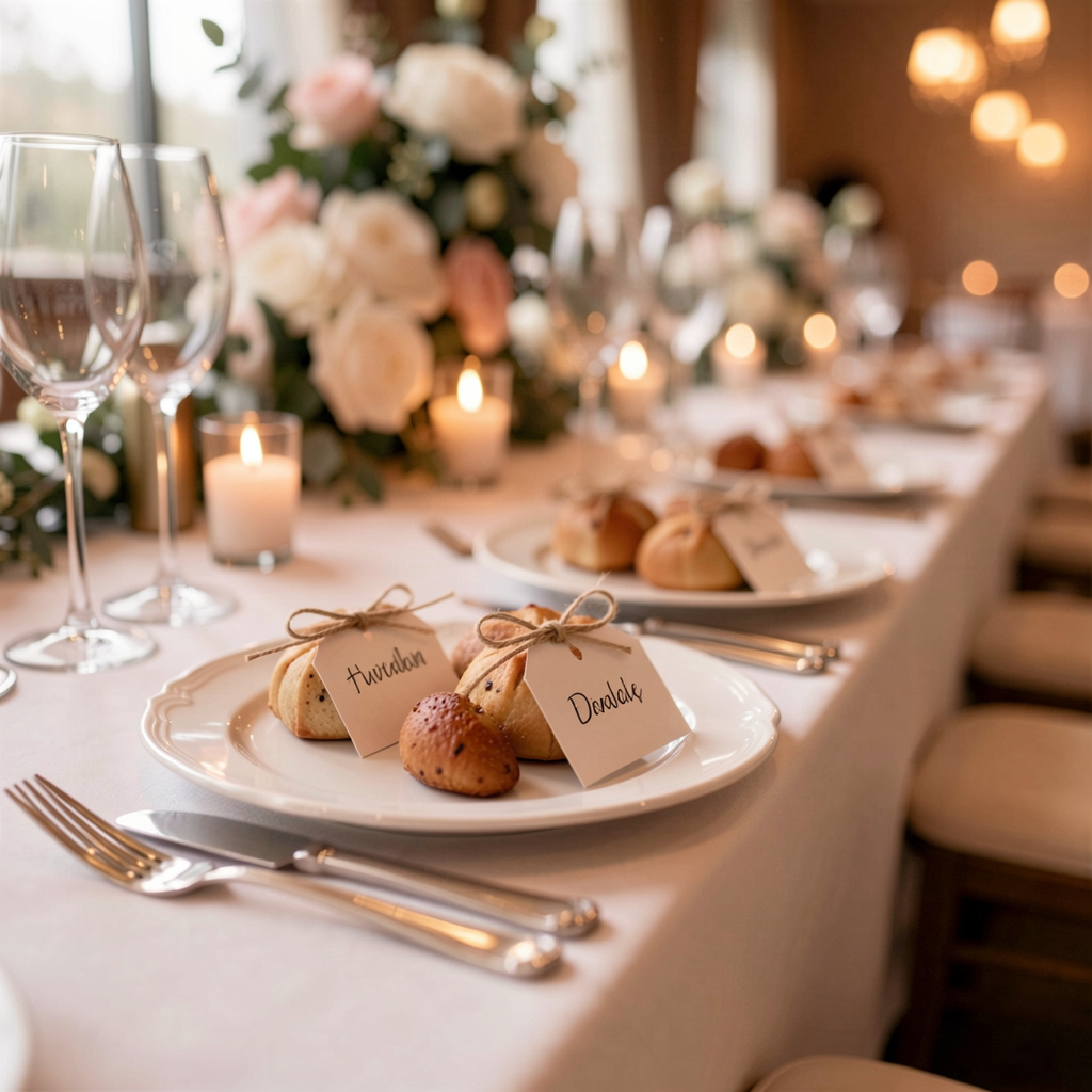 Wedding Photography Trends 2026: 15 Styles Couples Are Loving 33 Close-up of personalized wedding favors on a beautifully set reception table, warm ambient lighting