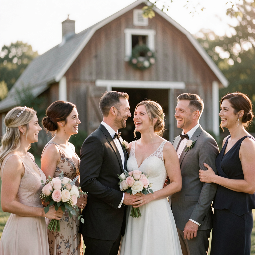 Wedding Photography Trends 2026: 15 Styles Couples Are Loving 34 Couple sharing a joyful moment with friends and family, surrounded by the beauty of a New England barn setting