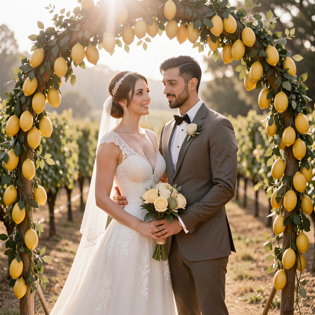 30 Fruit-Inspired Wedding Decor Ideas That Are Taking Over Pinterest 9 Bride and groom standing under a lemon-decorated archway, sunlight filtering through, outdoor California vineyard setting