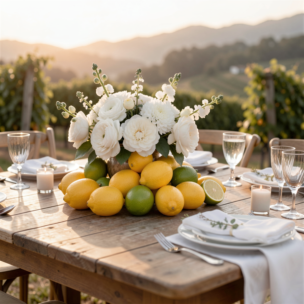 30 Fruit-Inspired Wedding Decor Ideas That Are Taking Over Pinterest 10 Tablescape with lemon and lime centerpiece, white flowers, rustic wooden table, Napa Valley vineyard view