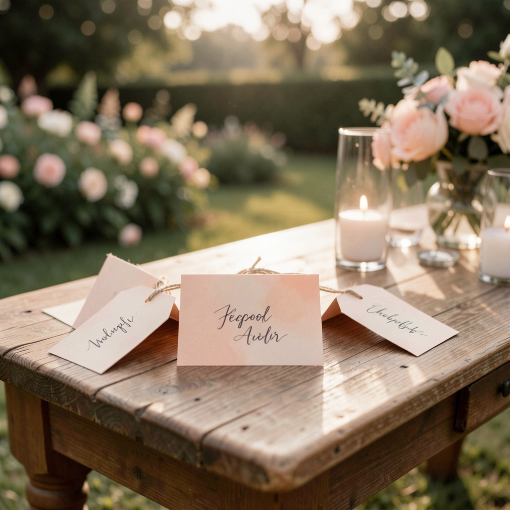 30 Fruit-Inspired Wedding Decor Ideas That Are Taking Over Pinterest 12 Peach escort cards with handwritten tags, rustic wooden table, outdoor garden wedding