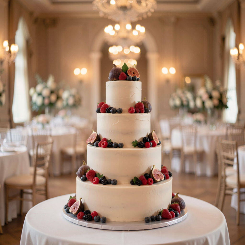 30 Fruit-Inspired Wedding Decor Ideas That Are Taking Over Pinterest 13 Three-tiered wedding cake adorned with fresh berries and figs, elegant reception hall, soft ambient lighting