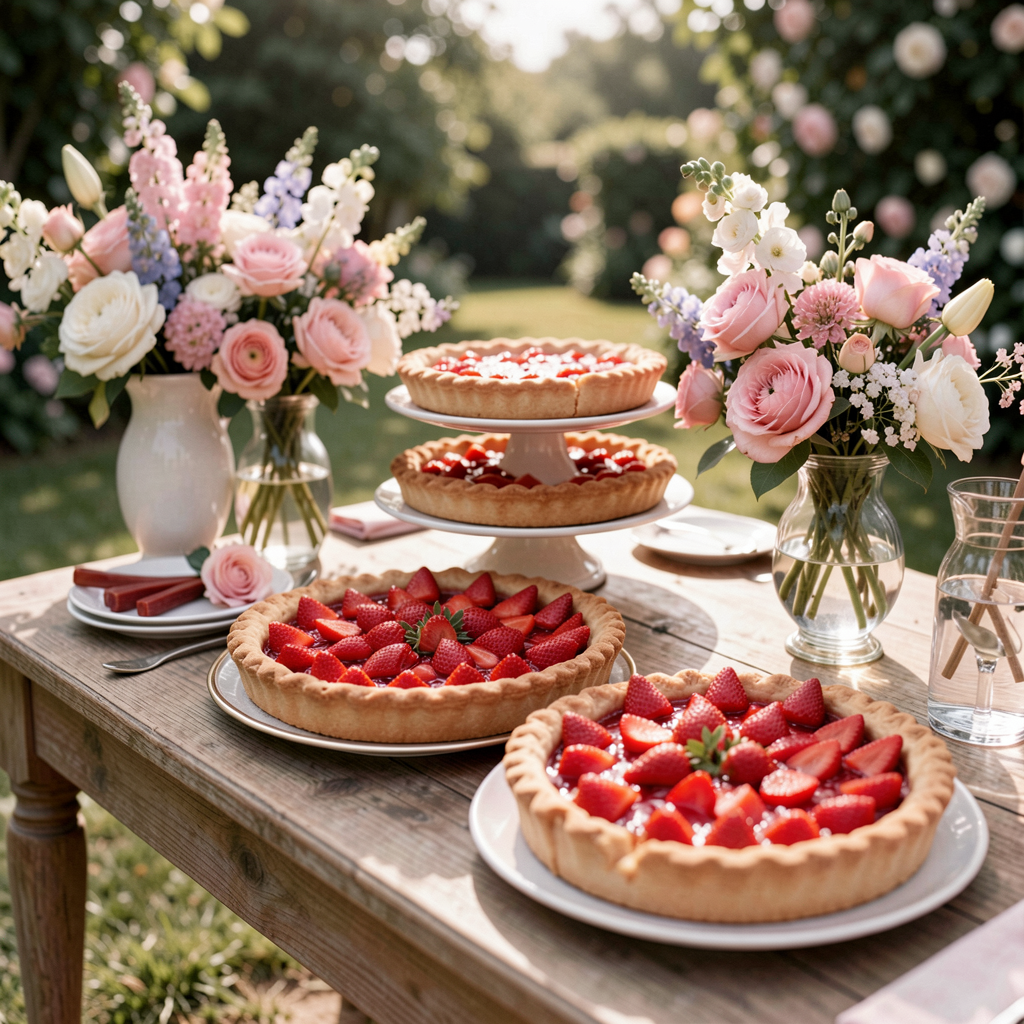 30 Fruit-Inspired Wedding Decor Ideas That Are Taking Over Pinterest 14 Spring dessert table with strawberry and rhubarb pies, fresh floral arrangements, outdoor garden setting