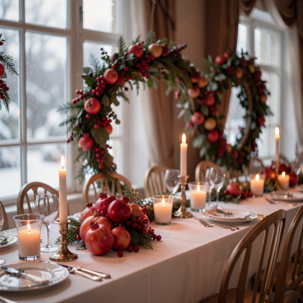 30 Fruit-Inspired Wedding Decor Ideas That Are Taking Over Pinterest 15 Winter wedding reception with pomegranate and cranberry wreaths, candle-lit ambiance, snowy window views