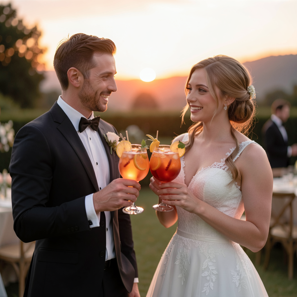 30 Fruit-Inspired Wedding Decor Ideas That Are Taking Over Pinterest 16 Newlyweds sharing a toast with fruit-infused cocktails, sunset backdrop, elegant outdoor reception