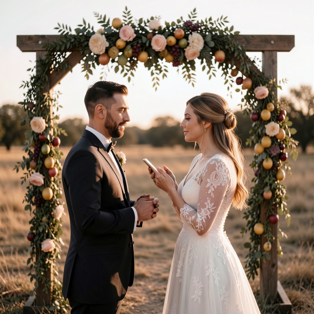 30 Fruit-Inspired Wedding Decor Ideas That Are Taking Over Pinterest 11 Couple saying vows under a fruit and floral garland, golden hour lighting, Texas ranch setting