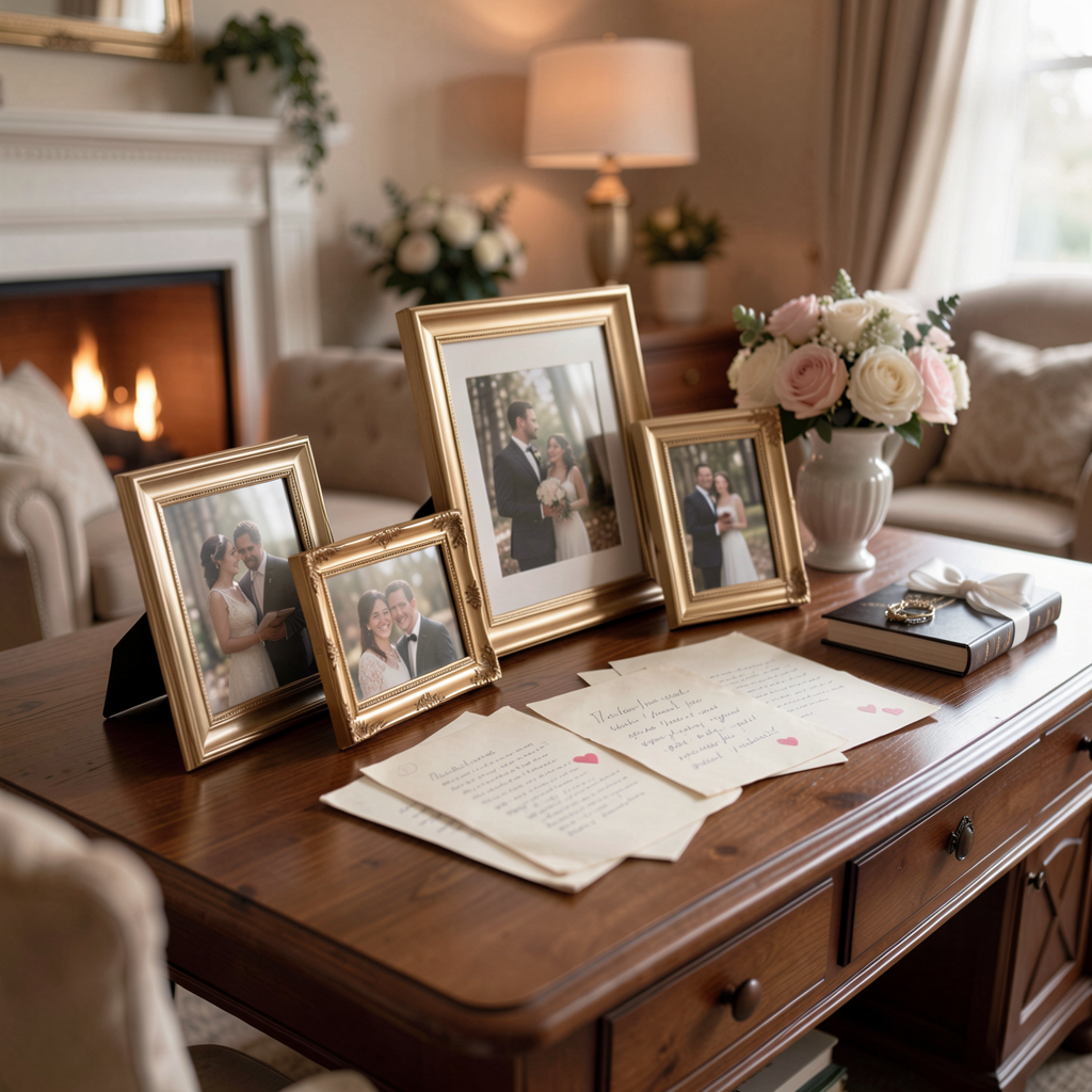 An elegantly arranged anniversary memory table with framed photos, love letters, and memorabilia in a cozy living room setting