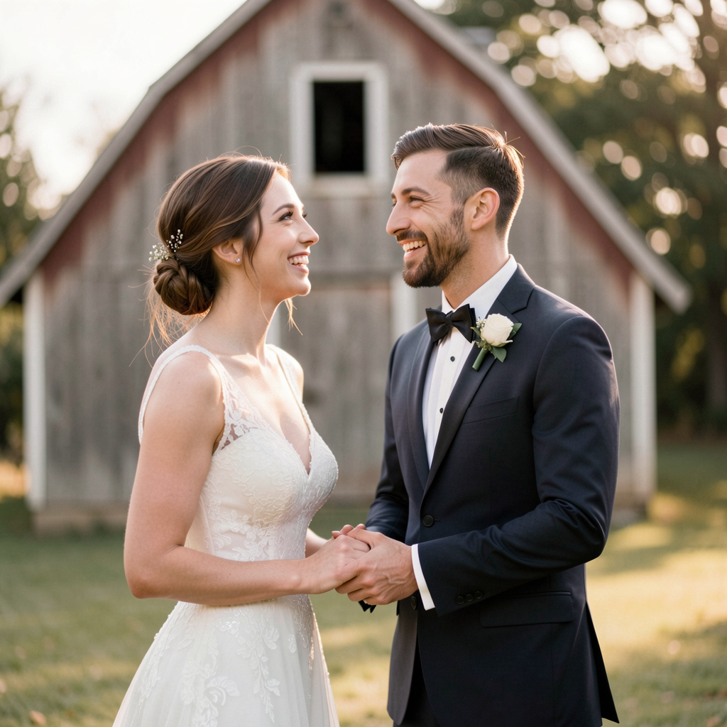 Anniversary Re-Creation Photos: Adorable Ways Couples Are Recreating Their Wedding Pictures 8 Smiling couple holding hands in front of a rustic New England barn, original wedding photo alongside the re-created version