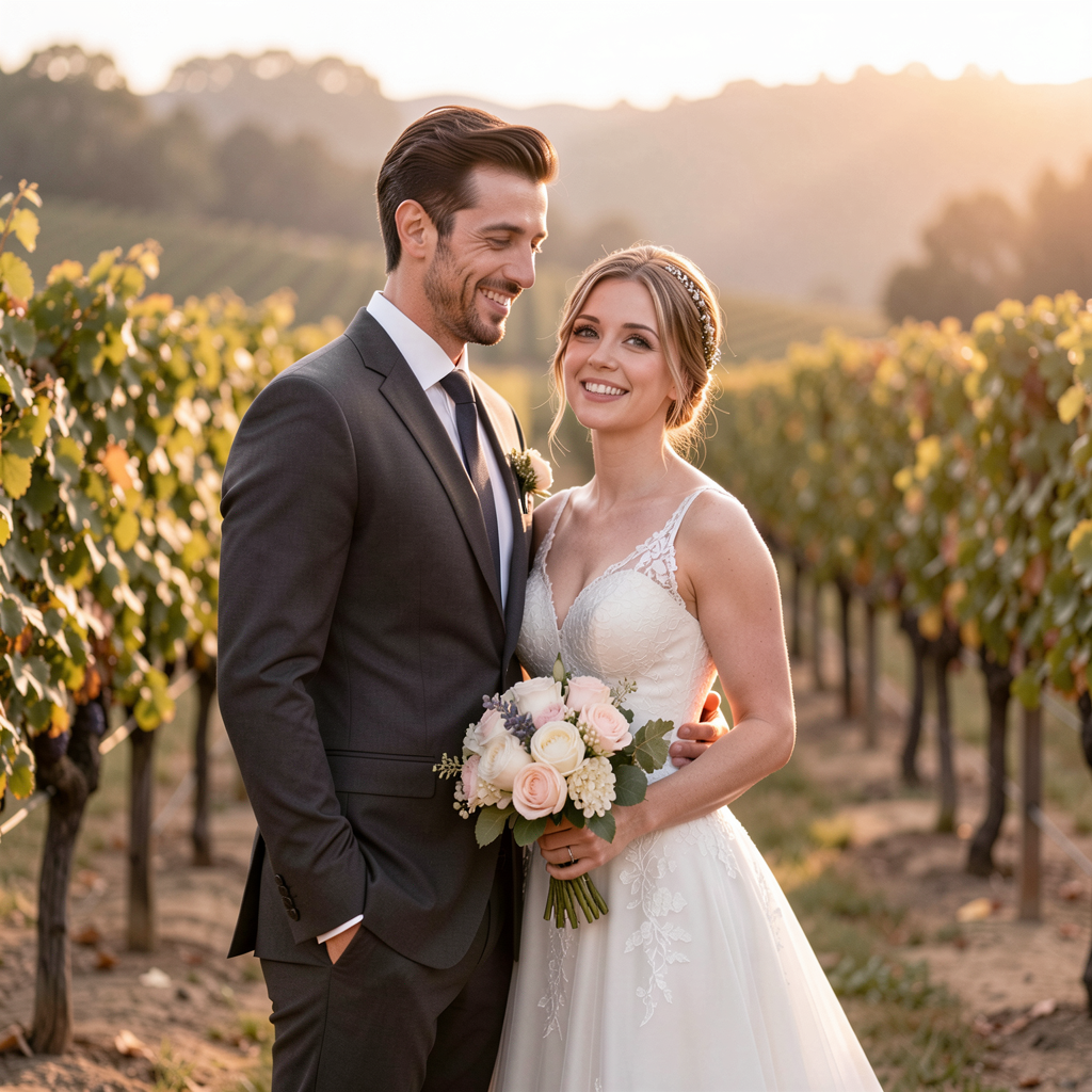 Anniversary Re-Creation Photos: Adorable Ways Couples Are Recreating Their Wedding Pictures 9 Couple on their wedding day and again on their 10th anniversary, posed on a Napa Valley vineyard, golden hour lighting