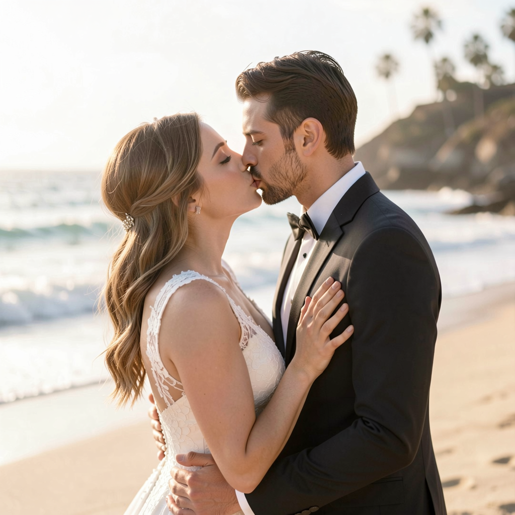 Anniversary Re-Creation Photos: Adorable Ways Couples Are Recreating Their Wedding Pictures 10 Couple reenacting their wedding kiss on a sunlit California beach, ocean waves in the background