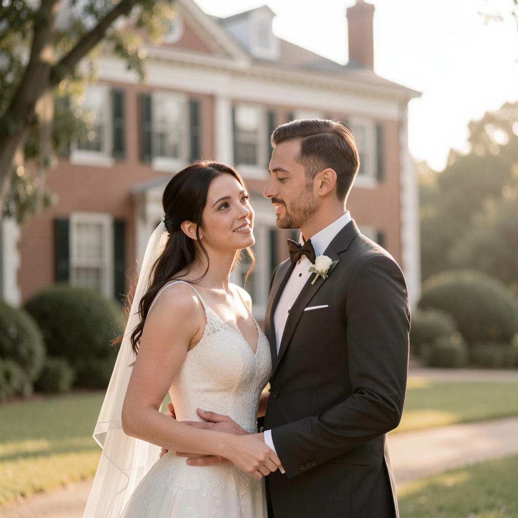 Anniversary Re-Creation Photos: Adorable Ways Couples Are Recreating Their Wedding Pictures 12 Couple in modern attire mimicking their wedding pose in front of a historic Charleston mansion, soft afternoon light