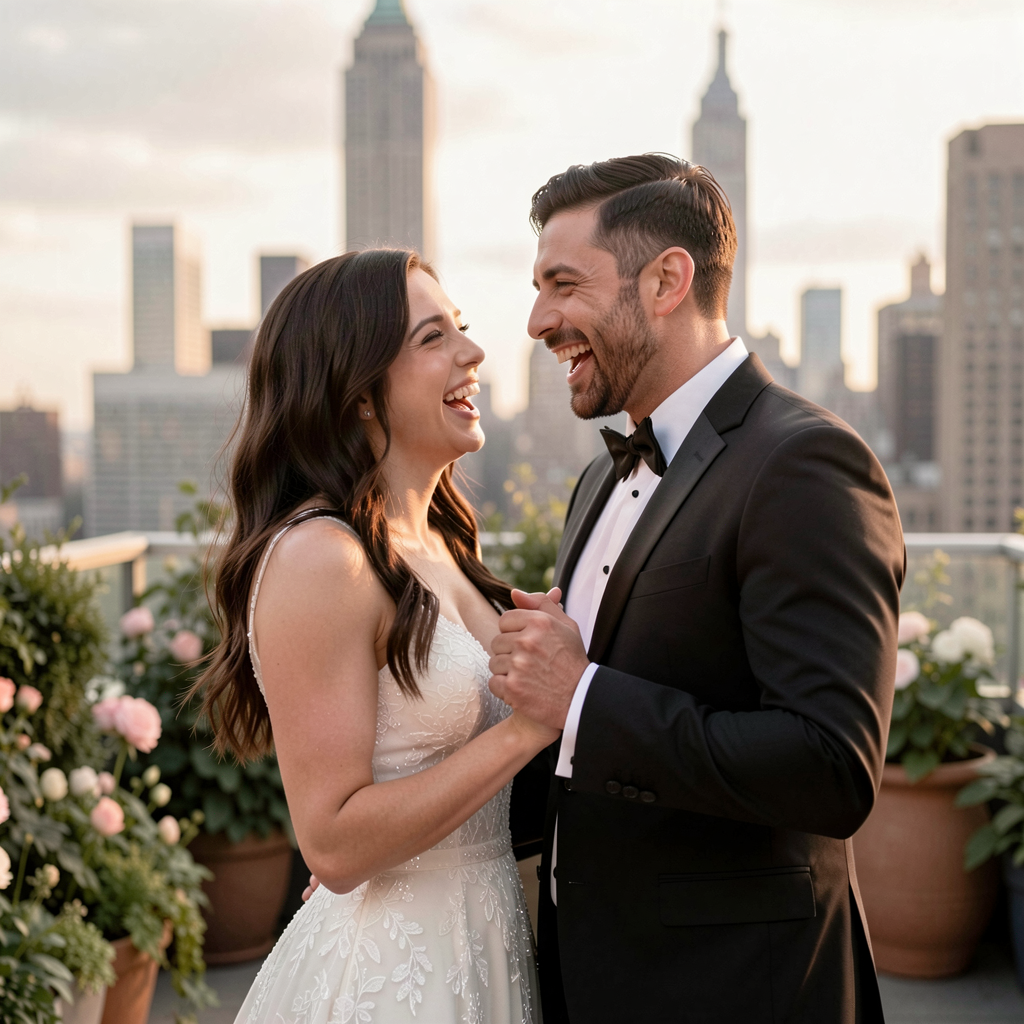 Anniversary Re-Creation Photos: Adorable Ways Couples Are Recreating Their Wedding Pictures 14 Couple laughing while recreating their first dance in a New York City rooftop garden, city skyline in the background