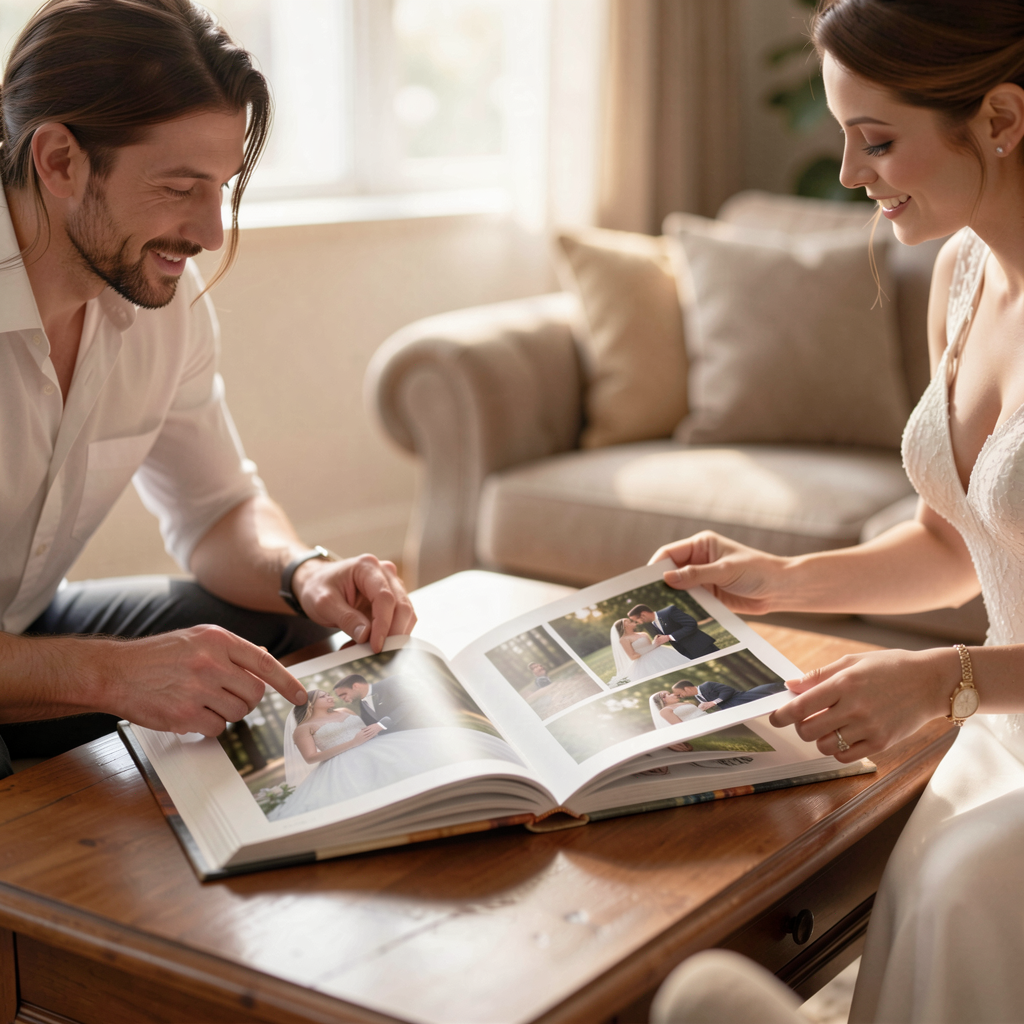 Anniversary Re-Creation Photos: Adorable Ways Couples Are Recreating Their Wedding Pictures 13 Family and friends gathered around a living room table, flipping through a photo book of recreated wedding photos