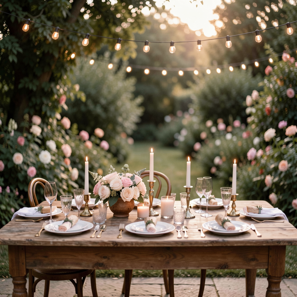 A rustic anniversary memory table set outdoors with fairy lights and a backdrop of a lush garden