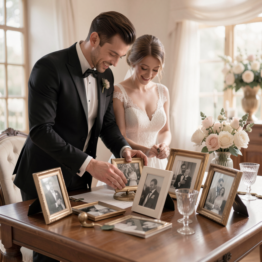 A couple lovingly arranging items on their anniversary memory table, featuring black-and-white photos and vintage decor
