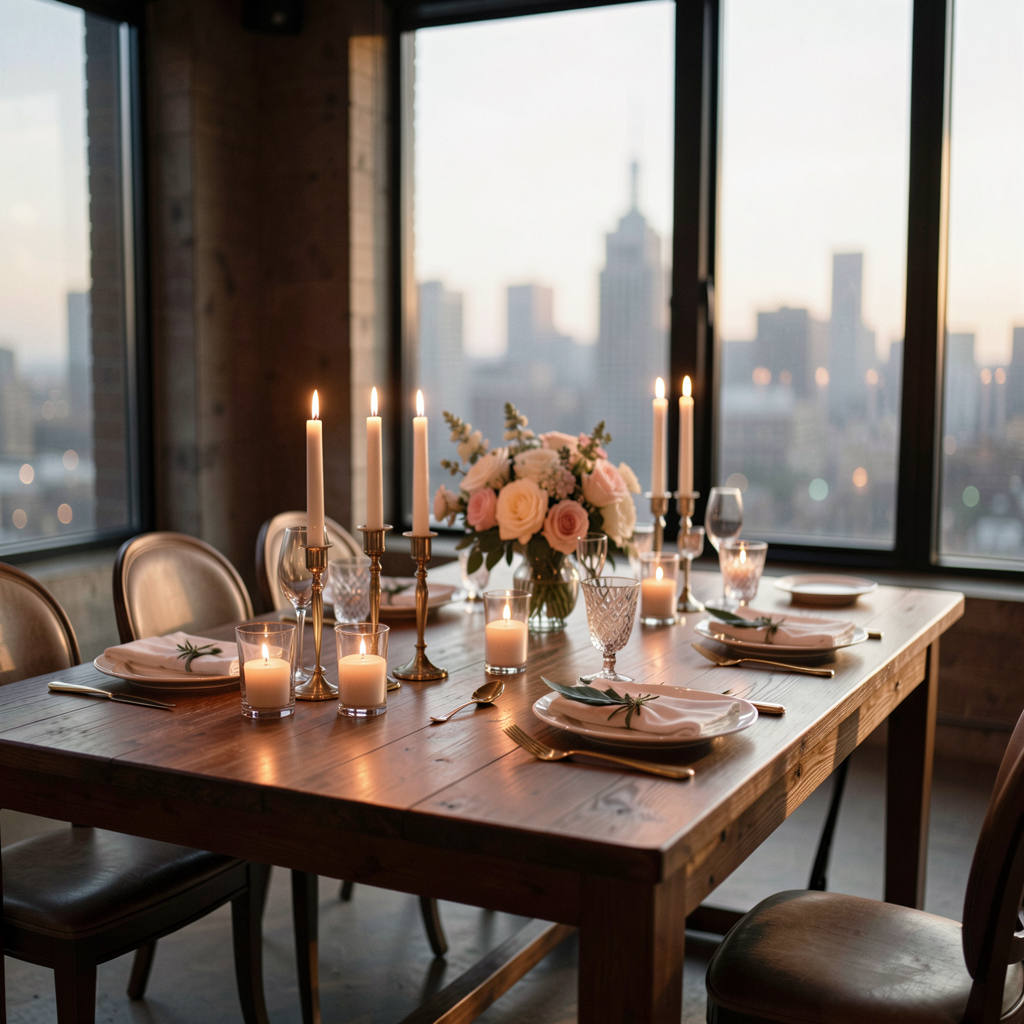 A memory table set in a chic urban loft with candles and a cityscape view in the background