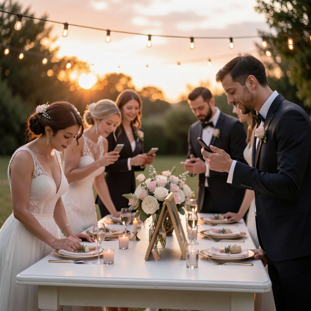 Guests admiring an anniversary memory table at an outdoor celebration with string lights and a sunset backdrop