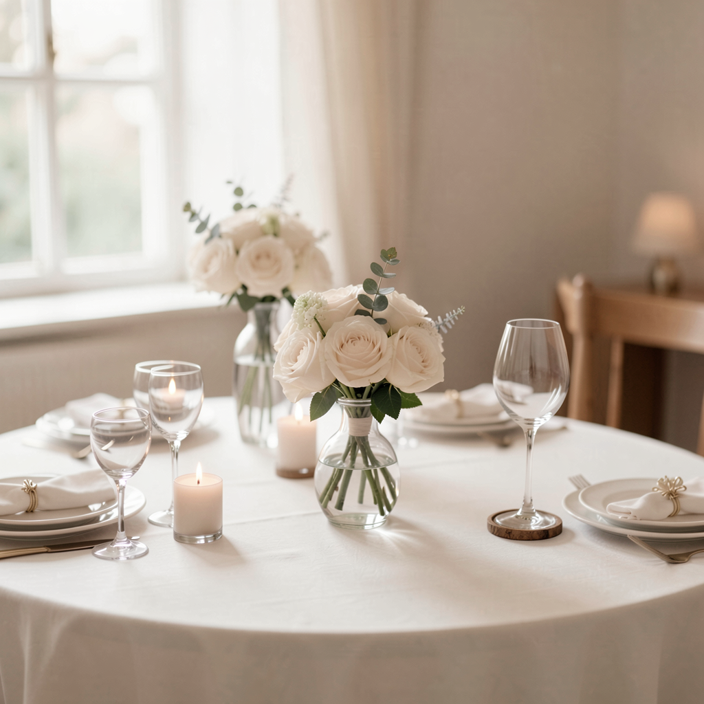 A minimalist anniversary memory table with a monochrome theme, featuring a small bouquet and simple decorations