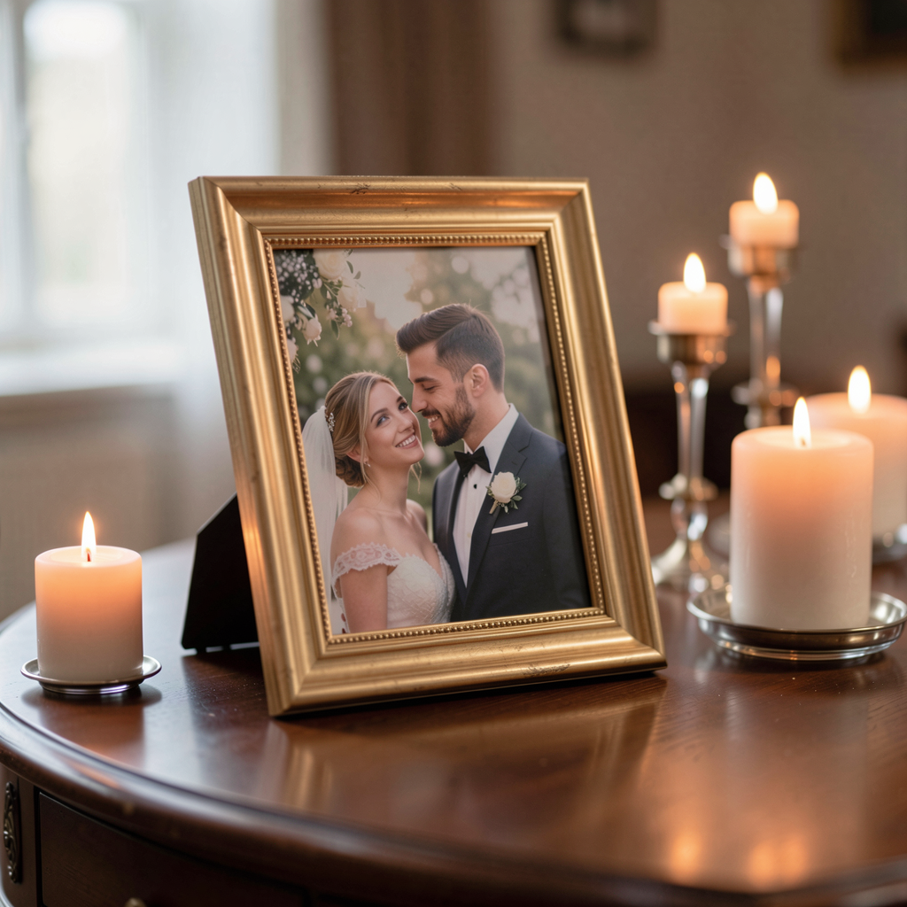 A close-up shot of a memory table, highlighting a framed wedding photo and a candlelit ambience