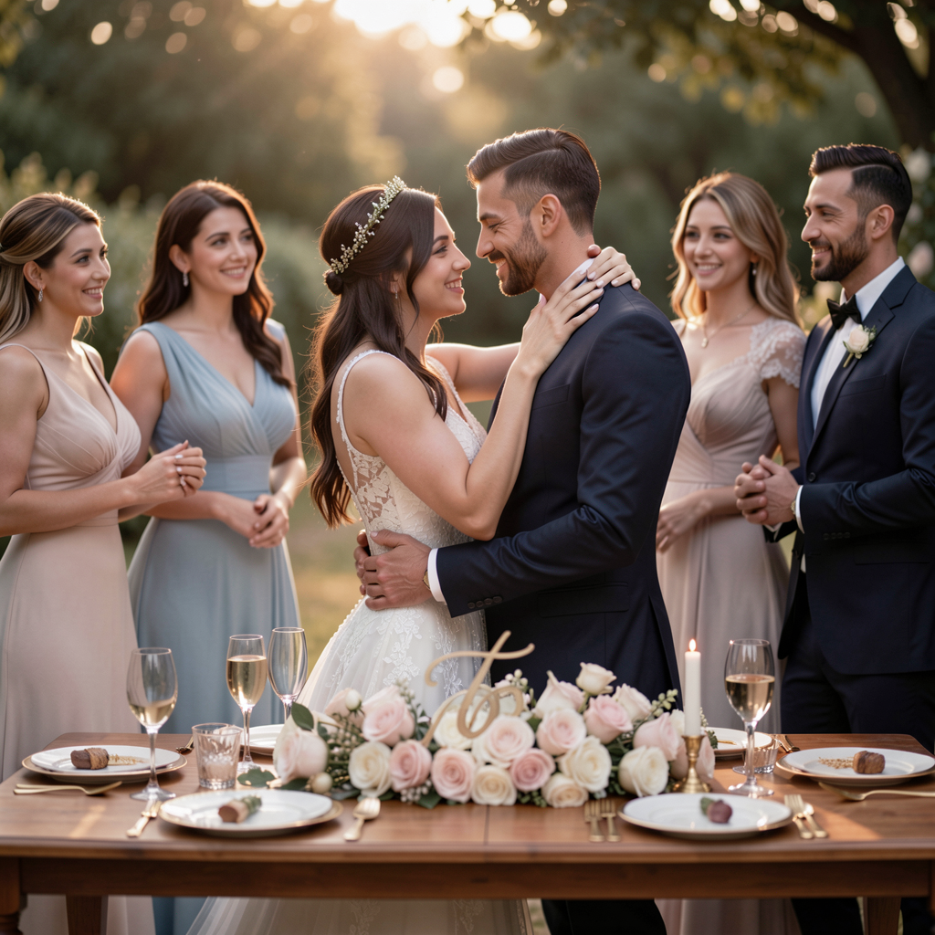 A couple embracing in front of their beautifully decorated anniversary memory table, surrounded by family and friends