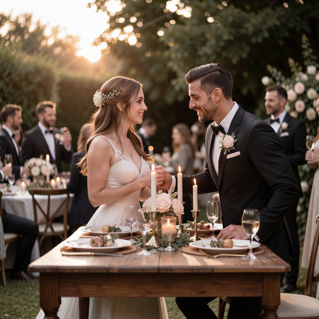 A couple sharing a moment in front of their memory table during an intimate backyard anniversary party