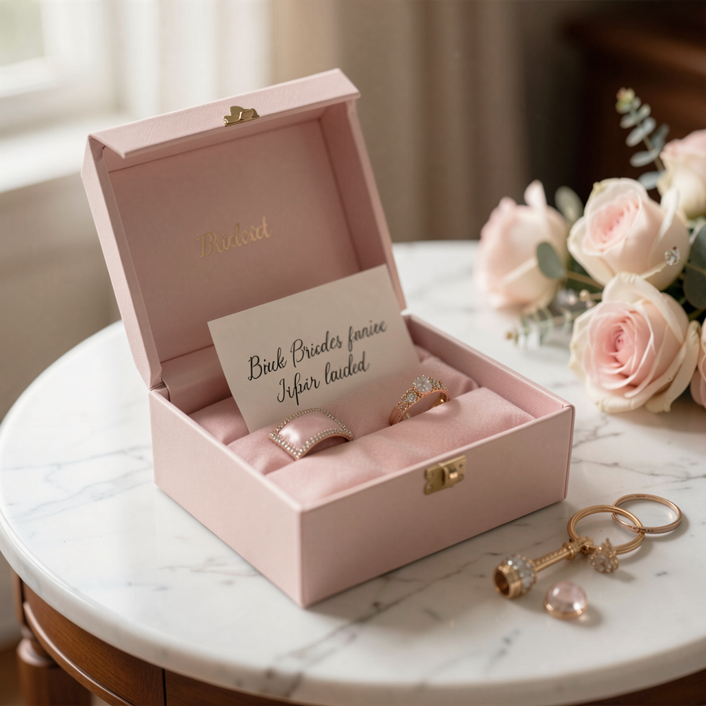 Bridesmaid proposal gift box with a personalized note and elegant keepsakes, styled on a marble table