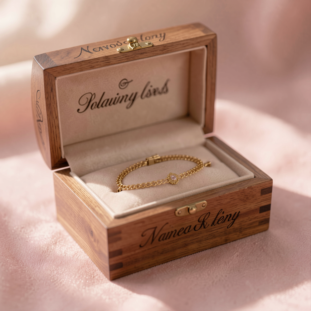 Engraved wooden jewelry box with a delicate gold bracelet inside, set against a soft pink background