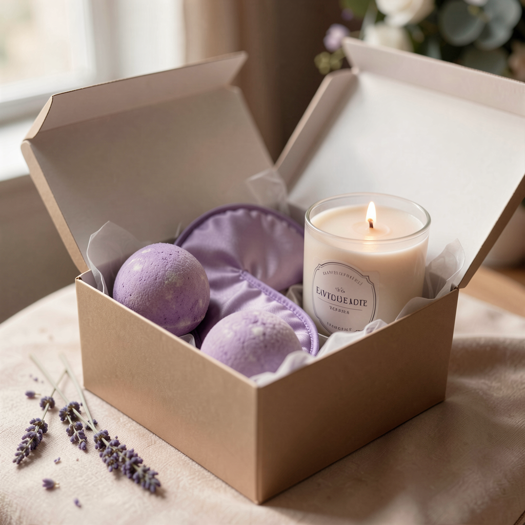 A spa-themed gift box with lavender bath bombs, a silk eye mask, and a lavender-scented candle