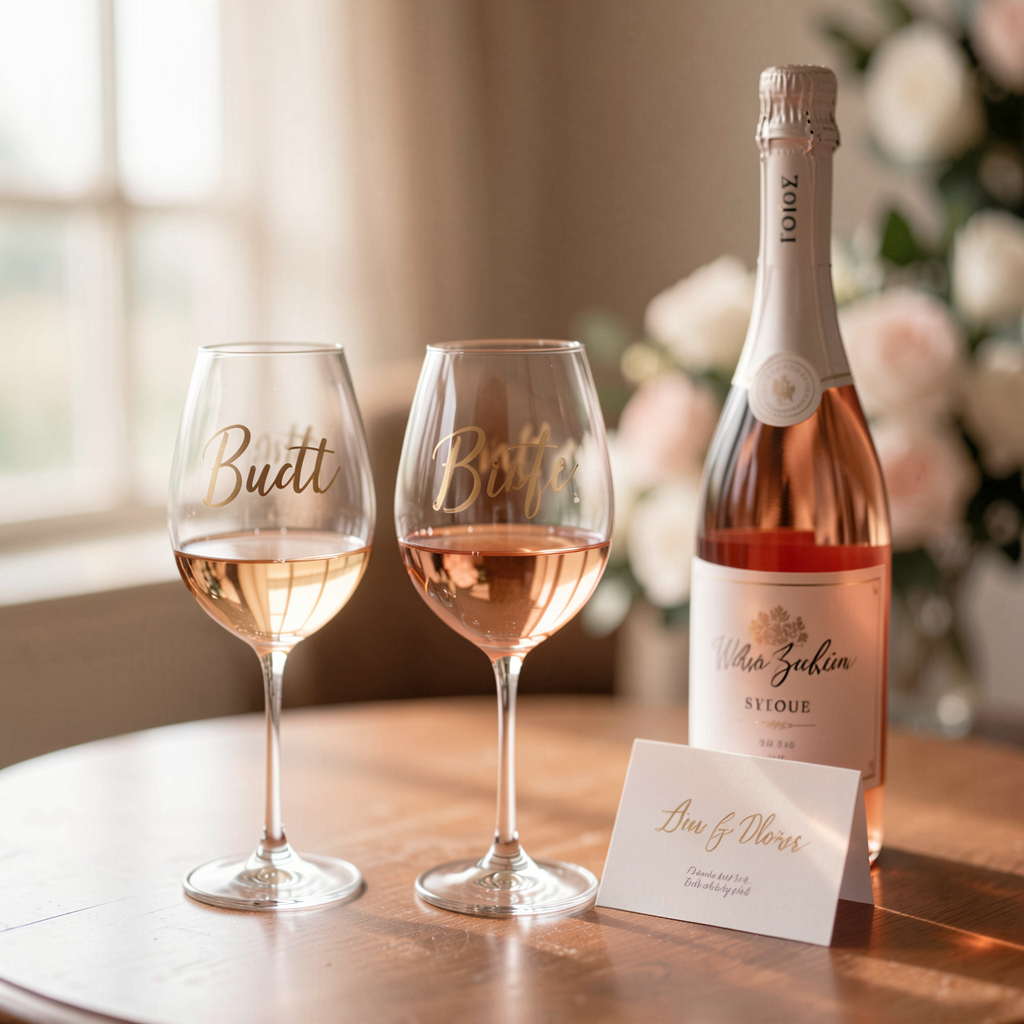 Personalized wine glasses with gold lettering, accompanied by a bottle of rosé and a card