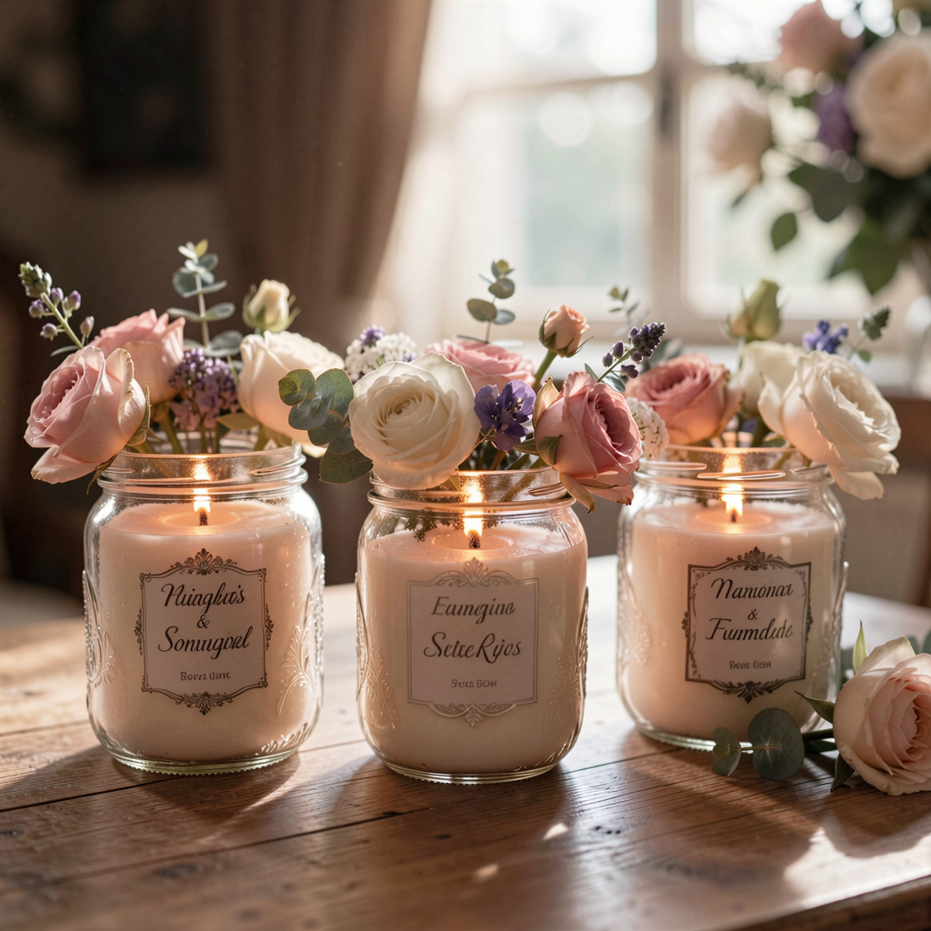 A trio of scented candles in decorative jars, styled with fresh flowers