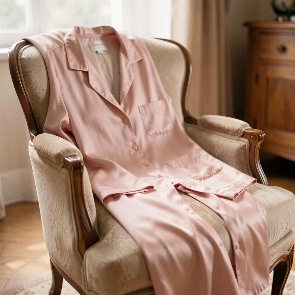 A blush pink silk pajama set draped over a vintage armchair